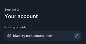 A screenshot of Bluesky create-account screen with hosting provider set to bluesky.namisunami.com