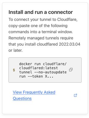 A screenshot of Cloudflare Tunnel showing a docker command to run cloudflared