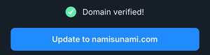 A screenshot of Bluesky client showing a green checkmark with 'Domain verified' text, with a button labeled, 'updated to namisunami.com'