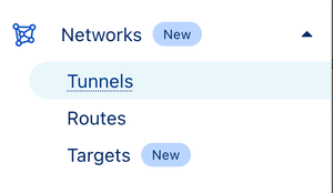 A screenshot of Cloudflare Dashboard showing Tunnels menu item in Networks group